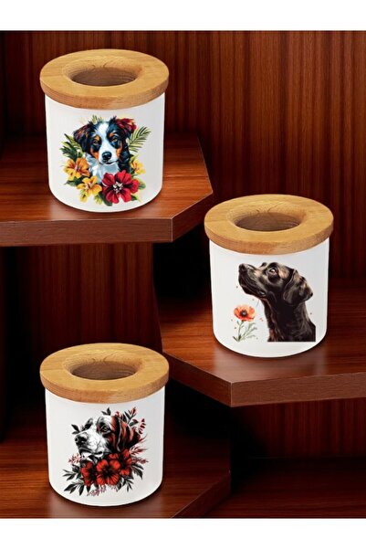 lili hediyelik حامل أقلام سيراميك خشبي مكون من 3 قطع مطبوع عليه كلب وزهور، هد...