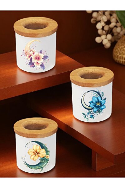 lili hediyelik حامل أقلام سيراميك خشبي مكون من 3 قطع مطبوع عليه قمر وزهرة، هد...