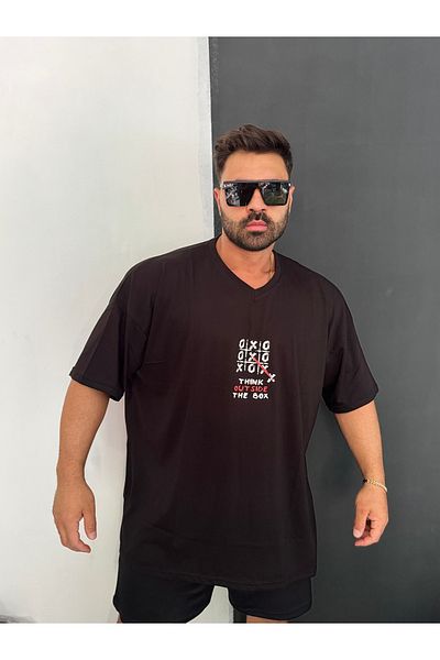 Bas Body FitnessWear Oversize Large Size V-Neck Black Printed 100% Cotton Combed Cotton T-Shirt