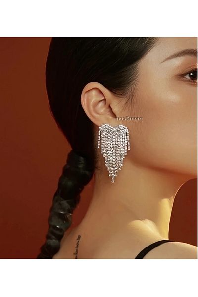 mos&more White Stone Dangle Heart Women's Evening Dress Earrings