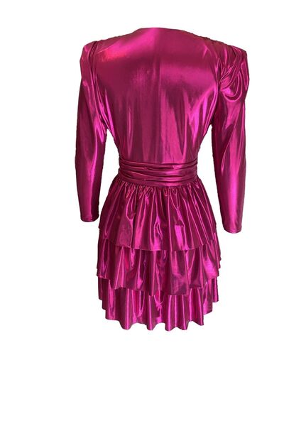 ElifNaz Parlak Metalik Pembe Plise Elbise