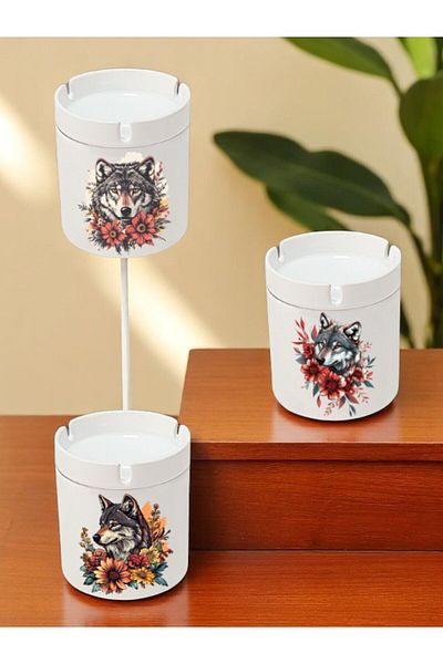 lili hediyelik Wolf and Flower Printed 3-Piece Ceramic Ashtray Ash Tray