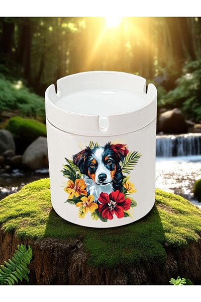 lili hediyelik Dog and Flower Printed 3-Piece Ceramic Ashtray Ash Tray