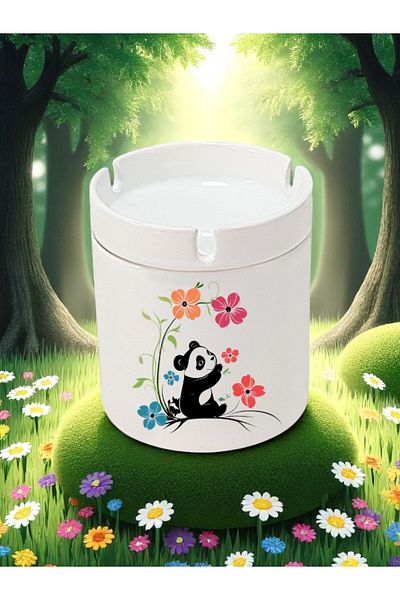 lili hediyelik Panda and Flower Printed 3-Piece Ceramic Ashtray Ash Tray