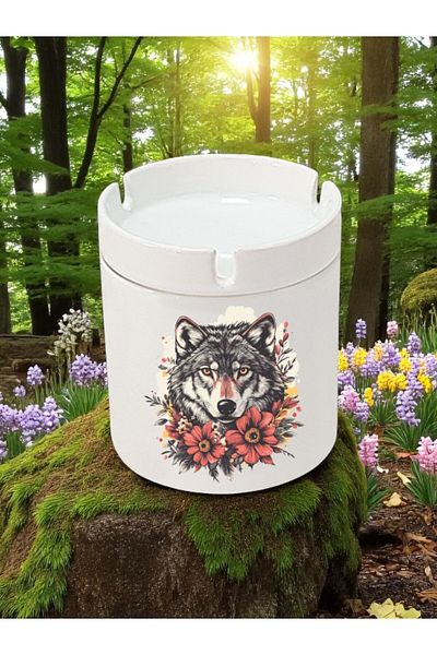 lili hediyelik Wolf and Flower Printed 3-Piece Ceramic Ashtray Ash Tray
