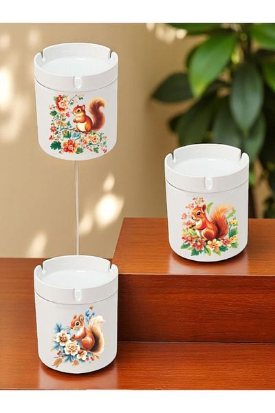 lili hediyelik Squirrel and Flower Printed 3-Piece Ceramic Ashtray Ashtray