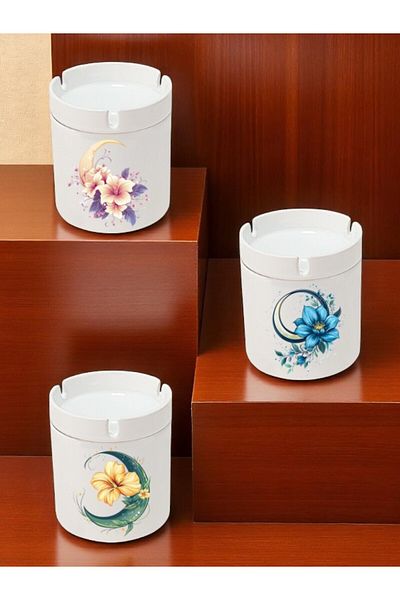lili hediyelik Moon And Flower Printed 3-Pece Κεραμικό Τασάκι Τασάκι - Δώρο γενεθλίων για άνδρα γυναίκα