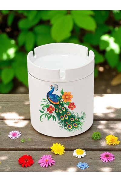 lili hediyelik Peacock and Flower Printed 3-Piece Ceramic Ashtray Ash Tray