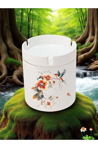 lili hediyelik Bird and Flower Printed 3-Piece Ceramic Ashtray Ash Tray