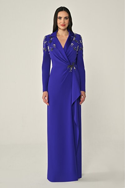 ALFABETA KADIN ABİYE UZUN KOLLU YAKASI VE BELİ AKSESUARLI UZUN ŞIK KREP ELBİSE