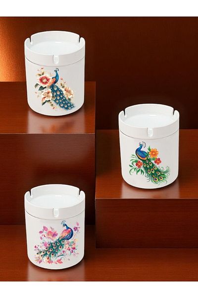 lili hediyelik Peacock and Flower Printed 3-Piece Ceramic Ashtray Ash Tray