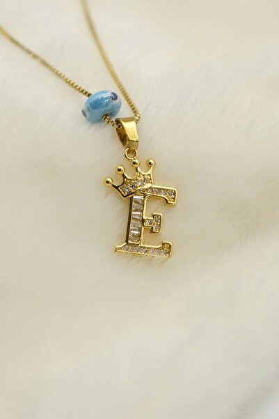 TAKIBOX E Harfi Model Zirkon Taşlı  Kral Taç Detay  Gold Renk Çelik Kolye