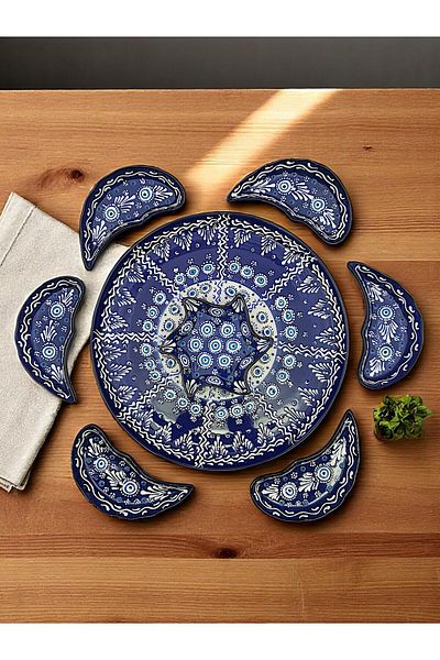 sharp&art Breakfast Set, Detailed Hand Embroidery, Embossed Evil Eye Bead Themed Ceramic 2 Different Breakfast Sets