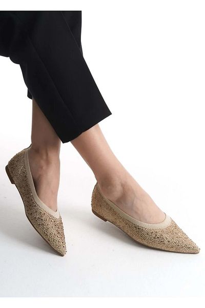 KOCAMANLAR Feles Pointed Toe Stone Detailed Women's Ballerina Shoes Beige