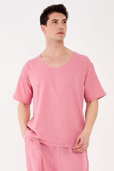 RELAXL 100% Cotton Şile Cloth Dirty Collar Oversize Men's Dusty Rose T-Shirt Yoga Wear