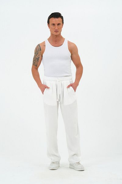 RELAXL 100% Cotton Breathable Muslin Fabric Wide Leg Baggy Fit Summer Ecru Trousers