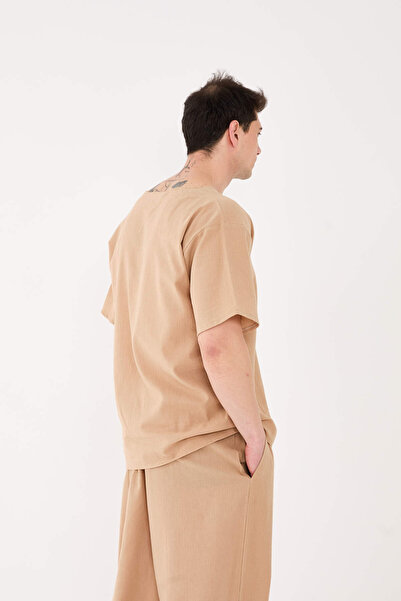 RELAXL 100% Cotton Şile Cloth Dirty Collar Oversize Men's Beige T-Shirt Meditation Clothing