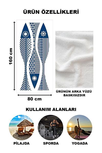 Doruklar Home Collection Πετσέτα θαλάσσης παραλίας με σχέδιο ψαριών Peshtemal 80x160 CM VTA39