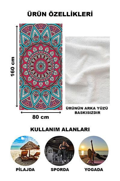 Doruklar Home Collection Μοντέρνα πετσέτα παραλίας με μοτίβο Mandala 80x160 cm Md04