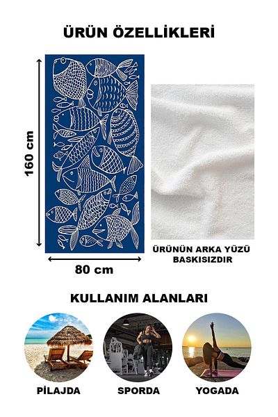 Doruklar Home Collection Πετσέτα θαλάσσης με σχέδιο ψαριού Peshtemal 80x160 CM VTA16