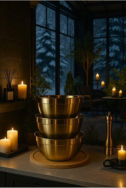 Veliday 3'lü Gold Karıştırma Kabı, Gold Paslanmaz Çelik Çok Amaçlı Kase 16cm-...