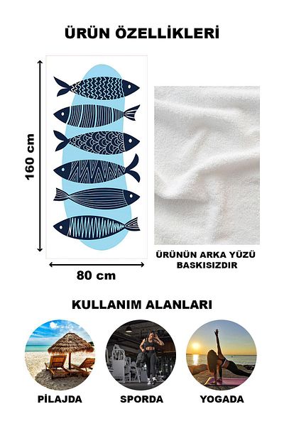 Doruklar Home Collection Πετσέτα θαλάσσης παραλίας με σχέδιο ψαριών Peshtemal 80x160 CM VTA40