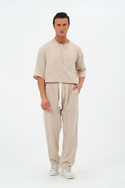 RELAXL 100% Cotton Muslin Fabric Summer Baggy Wide Leg Beige Trousers