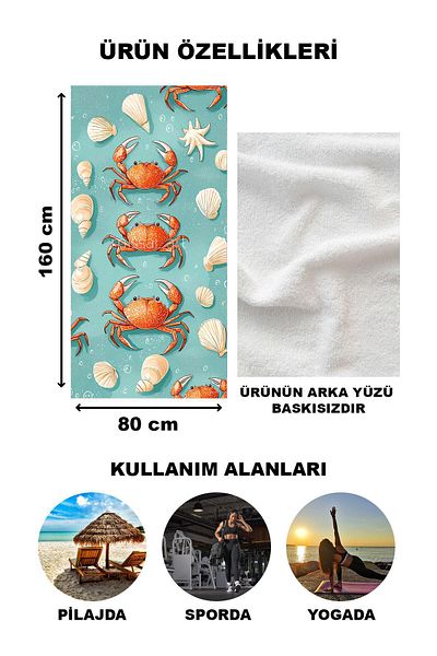 Doruklar Home Collection Πετσέτα θαλάσσης παραλίας με σχέδιο καβούρι Peshtemal 80x160 CM VTA23