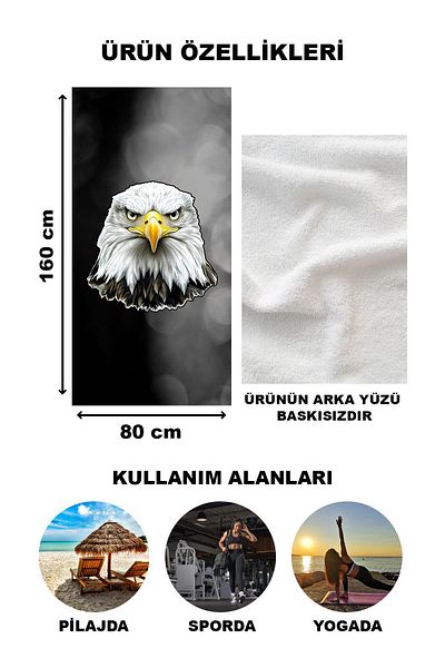 Doruklar Home Collection Black Eagle Pattern Beach Towel 80X160 cm Spc09