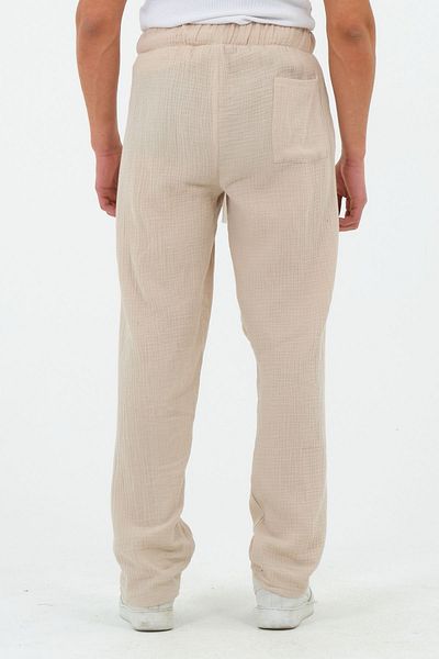 RELAXL 100% Cotton Muslin Fabric Summer Baggy Wide Leg Beige Trousers