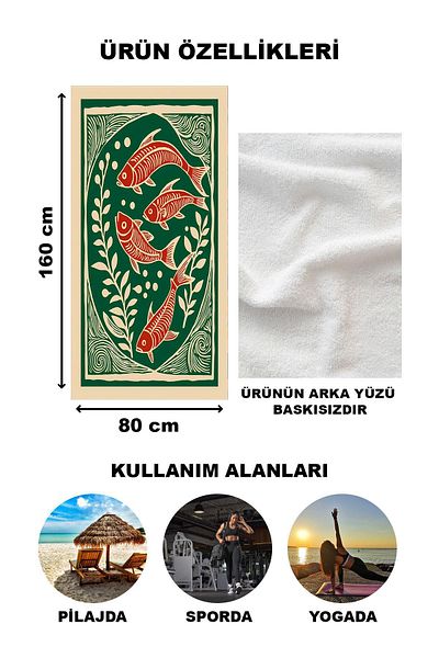 Doruklar Home Collection Πετσέτα παραλίας και θάλασσας με σχέδιο ψαριού 80x160 CM Peshtemal VTA15