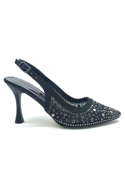 Kocamanlar Ayakkabı Feles Open Back Transparent Stone Detailed Cinderella Women's Heeled Shoes Black