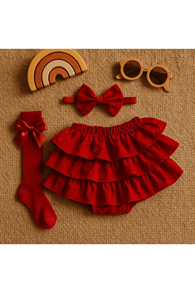 Mini Kids Baby Kız Bebek Kırmızı Fırfırlı Şort Etek Bandana Ve Fiyonklu Dizal...