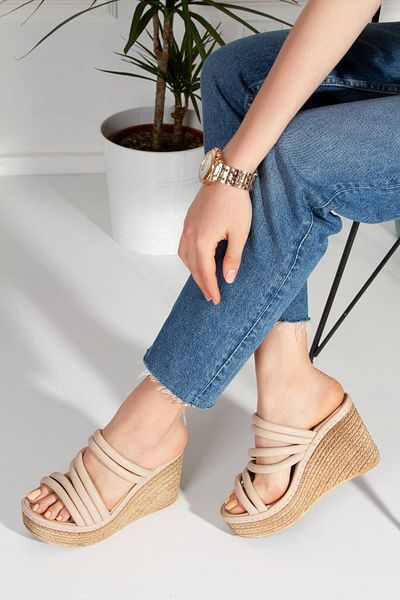 derithy Wedge Heeled Sewed Stripe Comfort Σόλα Μαλακό σωλήνα Piping Παντόφλες Σανδάλια Καλοκαιρινά Παπούτσια