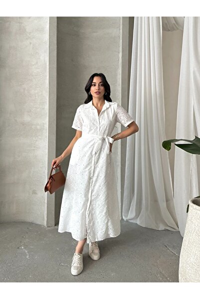 SUN STYLE Φόρεμα με επένδυση με μοτίβο λουλουδιών από εισαγόμενο βαμβάκι με λεπτομέρεια τσέπης και ζώνης - Κέντημα Διαφορετικά μοτίβα λουλουδιών