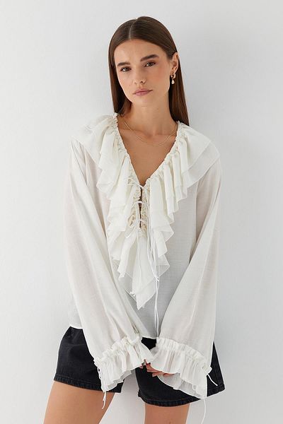 MARKALİSTE V-Neck Lace-Up Blouse Ecru