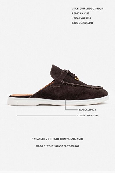 NİŞANTAŞI SHOES Většina hnědých semišových dámských pantoflí z pravé kůže se střapcem s plochou podrážkou