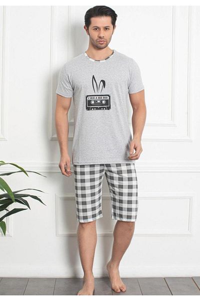 TOSKI Men's Cotton Pajamas - Short Sleeve and Three Quarter Pants, Hip Hop, gray