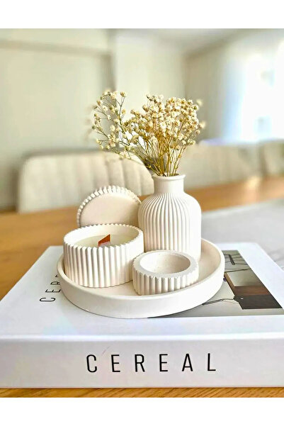 Havalı Tasarım Beyaz Renk Özel Tasarım Kokulu Mum Ve Çizgili Vazo Standlı Aksesuar Vazo Seti