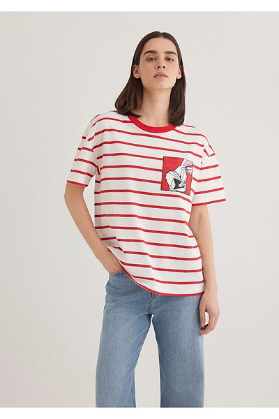 Mavi Bugs Bunny Printed Striped Red T-Shirt Loose Fit / Loose Relaxed Cut 1613266 -85422