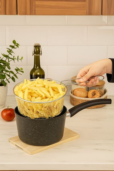 Skygo Plchf Black Granite 20 cm Frying Pot – with Steel Strainer, Non-Stick