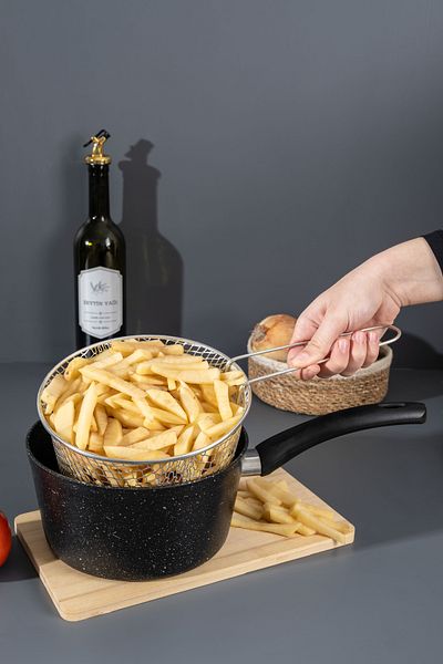 Skygo Plchf Black Granite 20 cm Frying Pot – with Steel Strainer, Non-Stick