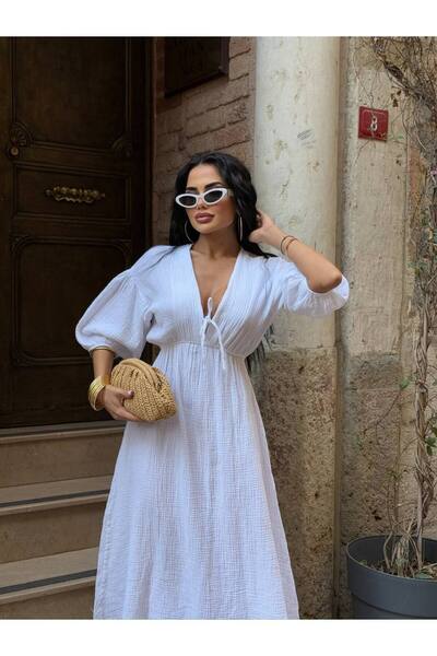 Stil Sepeti Women's White V-Neck Muslin Fabric Elastic Waist Balloon Sleeve Midi Dress Ru-10003008