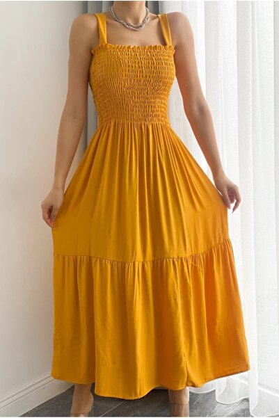 KaSheHa Hardal Kalın Askılı Eteği Fırfırlı Üstü Gipeli Yazlık Elbise 125 Cm