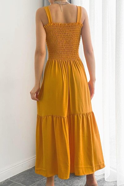 KaSheHa Hardal Kalın Askılı Eteği Fırfırlı Üstü Gipeli Yazlık Elbise 125 Cm