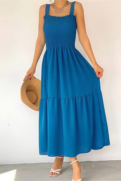 KaSheHa Mavi Kalın Askılı Eteği Fırfırlı Üstü Gipeli Elbise 125 Cm