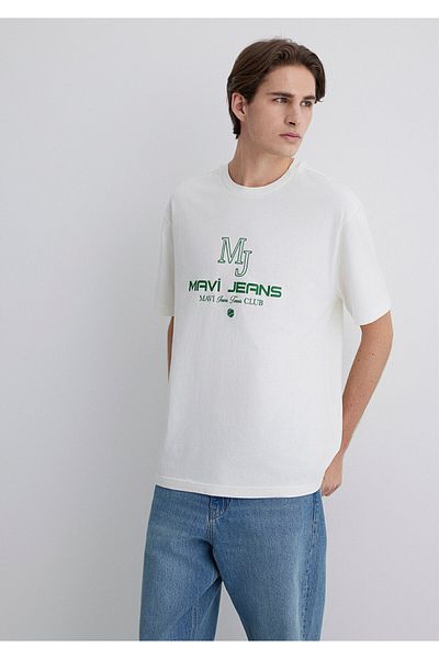 Mavi Tennis Logo Printed Ecru T-Shirt Loose Fit / Loose Relaxed Cut 0612706-70057