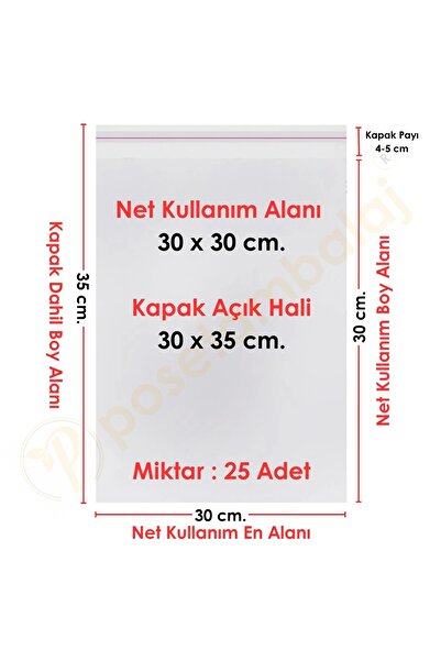 30x30+5 Cm. (30*35) 25 Adet Şeffaf Bantlı Yapışkanlı Jelatin Poşet