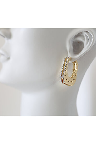 MÜK Kadın Gold Renk Çelik Zirkon Taşlı Dikdörtgen Küpe