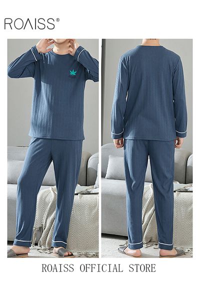 ROAISS Warm Pajamas Set for Men Simple Long Sleepwear Suit Soft Home Men Pyjamas Set Autumn Winter Loose Sk